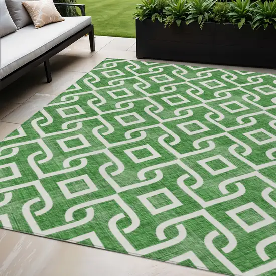 Emerald And Ivory Geometric Washable Indoor Outdoor Area Rug Photo 1