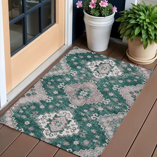 Emerald Brown And Ivory Medallion Washable Indoor Outdoor Area Rug Photo 1