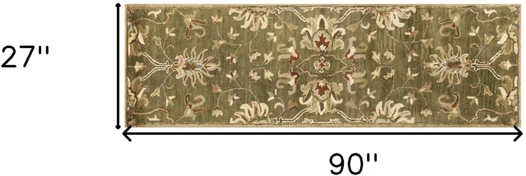 Emerald Green Floral Vine Wool Runner Rug Photo 5