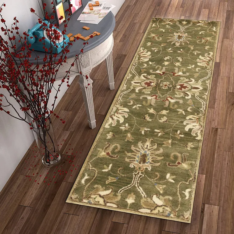 Emerald Green Floral Vine Wool Runner Rug Photo 4