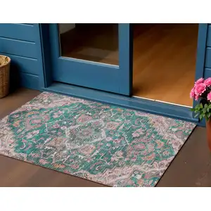 Photo of Emerald Teal Blue And Beige Oriental Washable Indoor Outdoor Area Rug