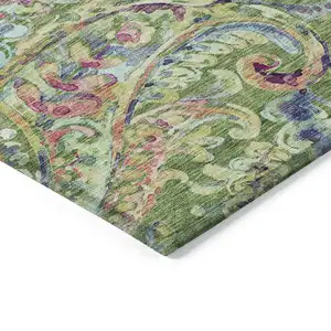 Photo of Fern Green And Artichoke Green Paisley Washable Indoor Outdoor Area Rug