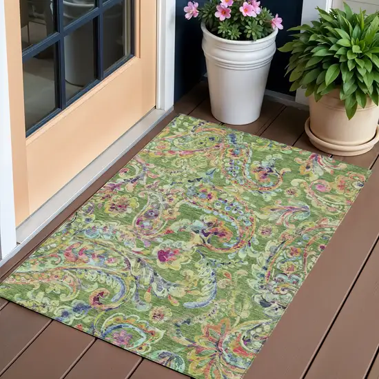 Fern Green And Artichoke Green Paisley Washable Indoor Outdoor Area Rug Photo 1