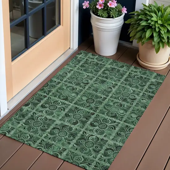 Fern Green And Charcoal Medallion Washable Indoor Outdoor Area Rug Photo 1