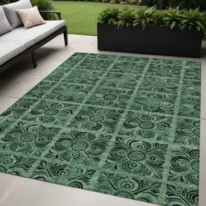 Photo of Fern Green And Charcoal Medallion Washable Indoor Outdoor Area Rug