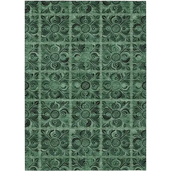 Fern Green And Charcoal Medallion Washable Indoor Outdoor Area Rug Photo 2