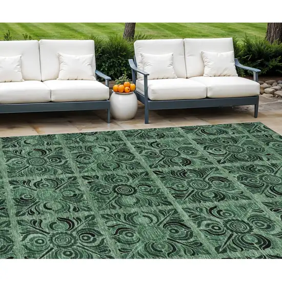 Fern Green And Charcoal Medallion Washable Indoor Outdoor Area Rug Photo 1