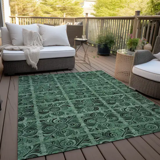 Fern Green And Charcoal Medallion Washable Indoor Outdoor Area Rug Photo 8