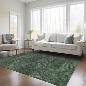 Photo of Fern Green And Emerald Geometric Washable Indoor Outdoor Area Rug