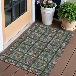 Photo of Fern Green Purple And Teal Blue Medallion Washable Indoor Outdoor Area Rug