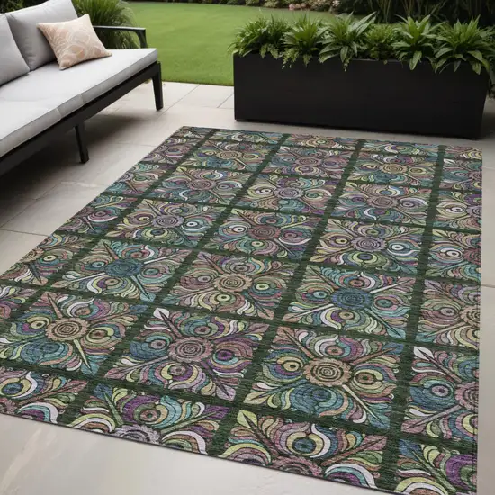 Fern Green Purple And Teal Blue Medallion Washable Indoor Outdoor Area Rug Photo 1