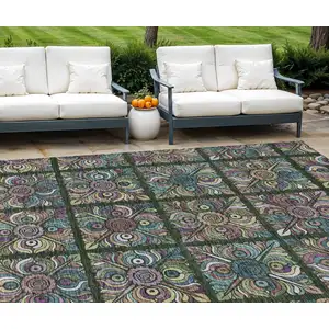 Photo of Fern Green Purple And Teal Blue Medallion Washable Indoor Outdoor Area Rug