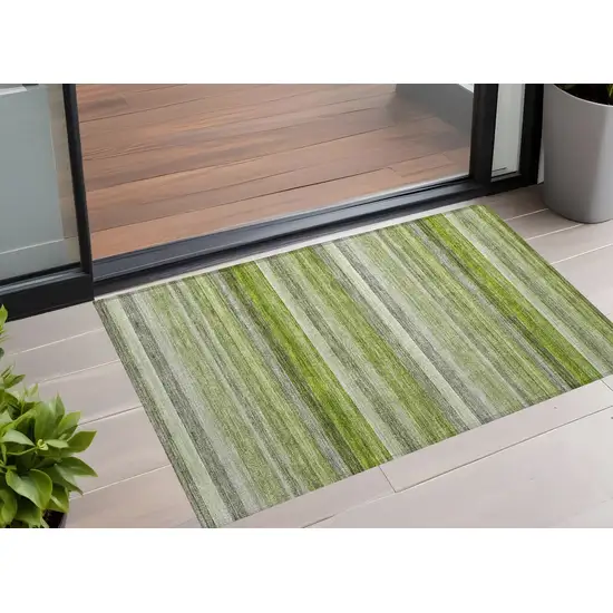 Fern Green Striped Washable Non Skid Indoor Outdoor Area Rug Photo 1