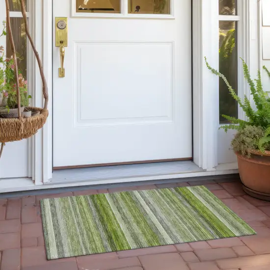 Fern Green Striped Washable Non Skid Indoor Outdoor Area Rug Photo 9