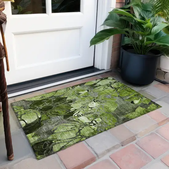 Fern Green and Gray Floral Washable Non Skid Indoor Outdoor Area Rug Photo 8