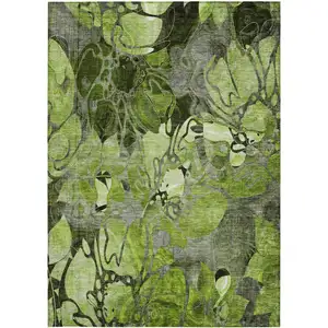 Photo of Fern Green and Gray Floral Washable Non Skid Indoor Outdoor Area Rug