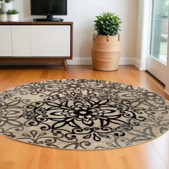 Tan Gray And Black Round Floral Medallion Stain Resistant Area Rug Photo 1