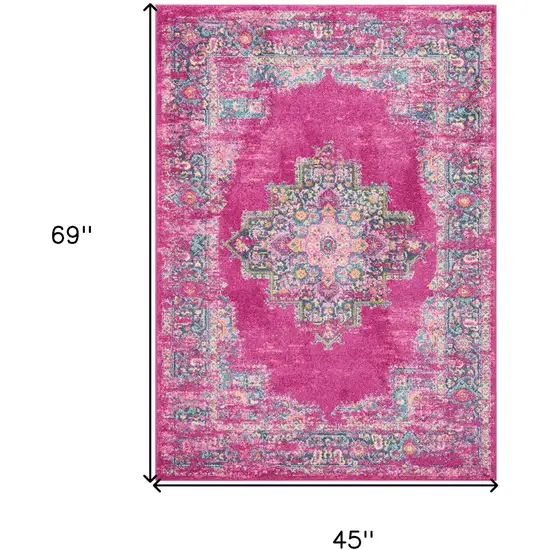 Fuchsia And Blue Oriental Distressed Area Rug Photo 9