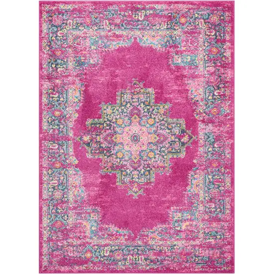 Fuchsia And Blue Oriental Distressed Area Rug Photo 5