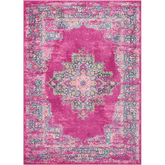 Fuchsia And Blue Oriental Distressed Area Rug Photo 1