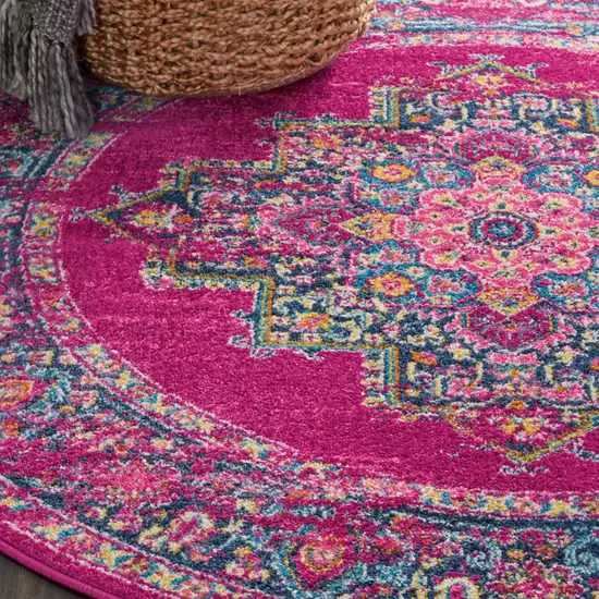 4' Fuchsia And Blue Oriental Distressed Round Rug Photo 5