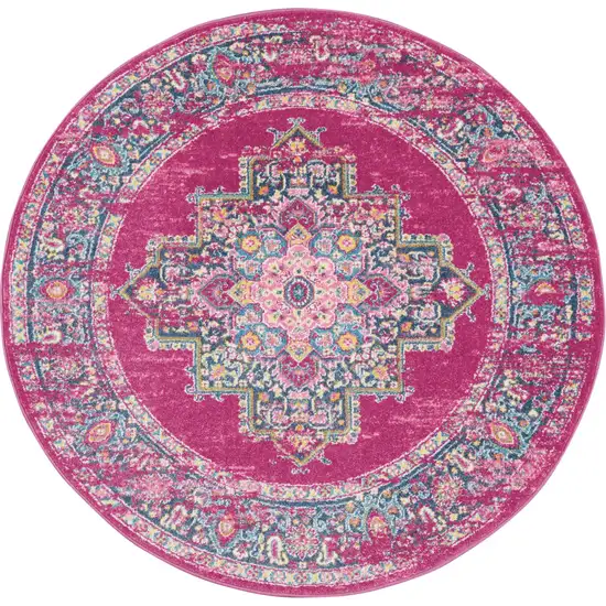 4' Fuchsia And Blue Oriental Distressed Round Rug Photo 2