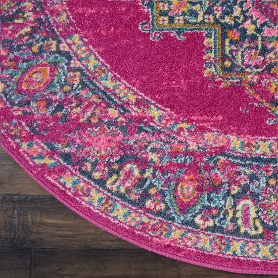 4' Fuchsia And Blue Oriental Distressed Round Rug Photo 6