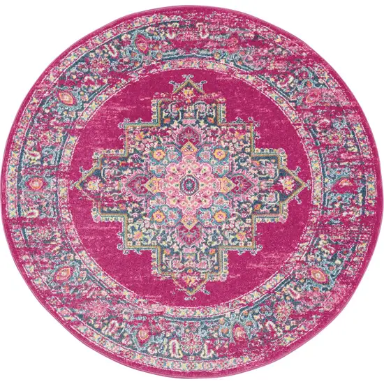 5' Fuchsia Round Power Loom Area Rug Photo 4