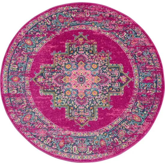 5' Fuchsia And Blue Oriental Distressed Round Rug Photo 7