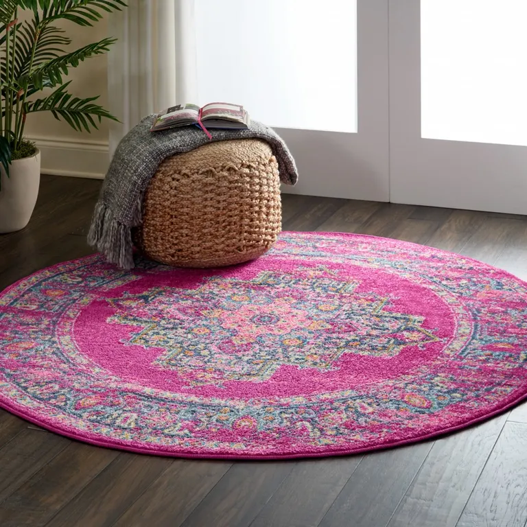 Fuchsia and Blue Distressed Area Rug Photo 1