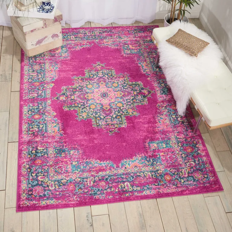 Fuchsia and Blue Distressed Area Rug Photo 4