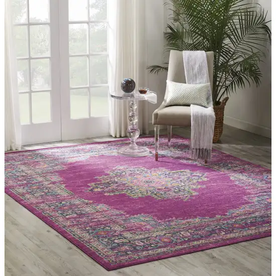 Fuchsia And Blue Oriental Distressed Area Rug Photo 8