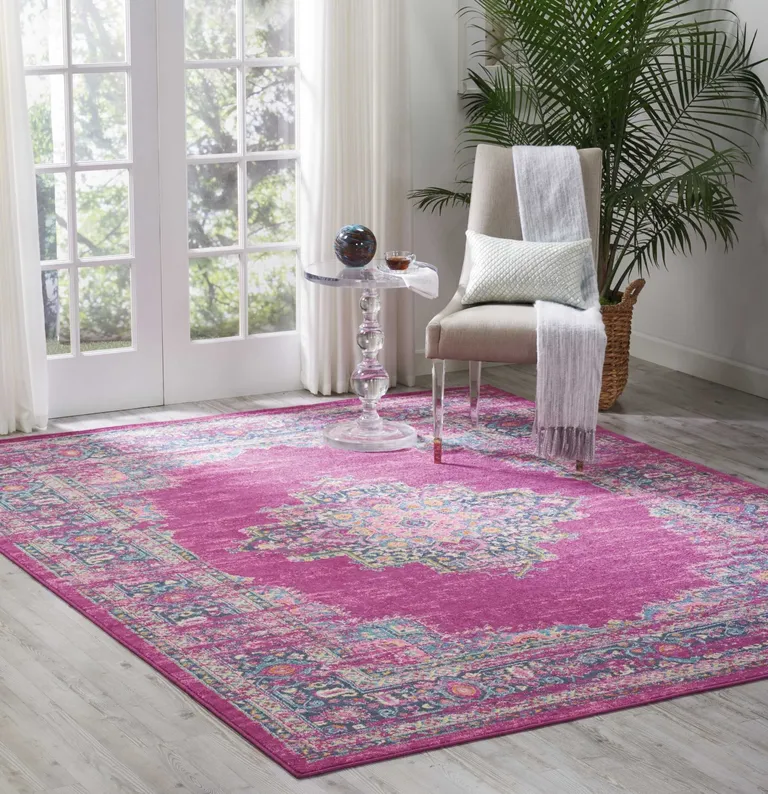 Fuchsia and Blue Distressed Area Rug Photo 5