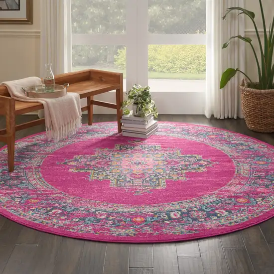 8' Fuchsia Round Power Loom Area Rug Photo 7