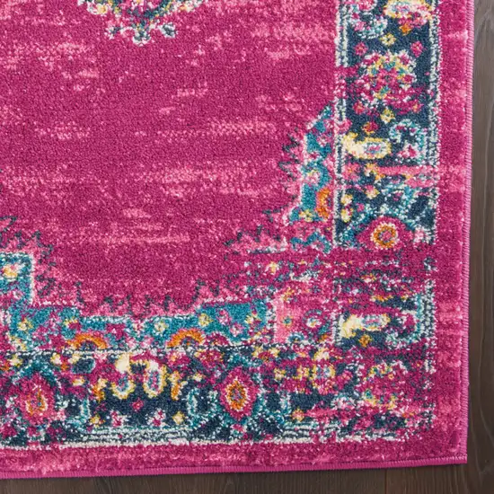 10' Fuchsia And Blue Oriental Distressed Runner Rug Photo 5