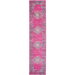 Photo of Fuchsia and Blue Distressed Runner Rug