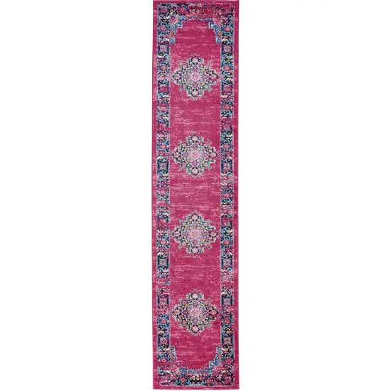 10' Fuchsia And Blue Oriental Distressed Runner Rug Photo 1