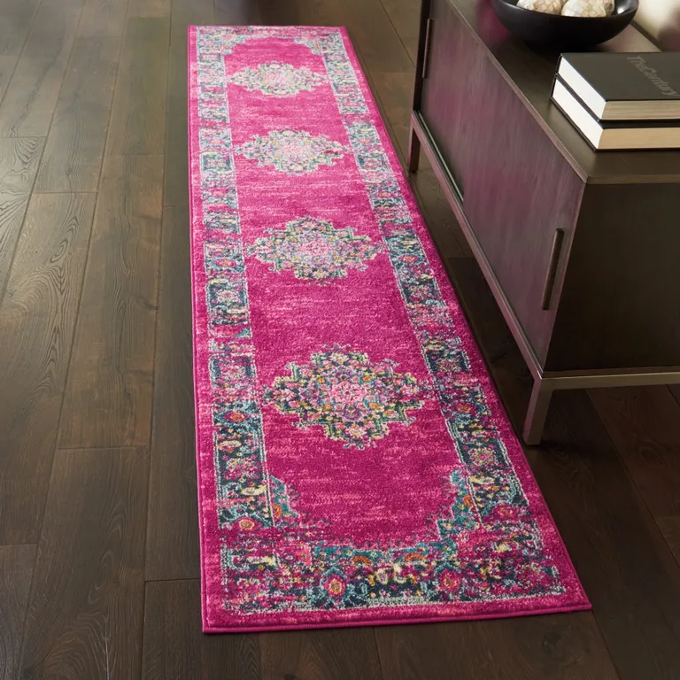 Fuchsia and Blue Distressed Runner Rug Photo 5