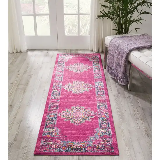 8' Fuchsia And Blue Oriental Distressed Runner Rug Photo 8