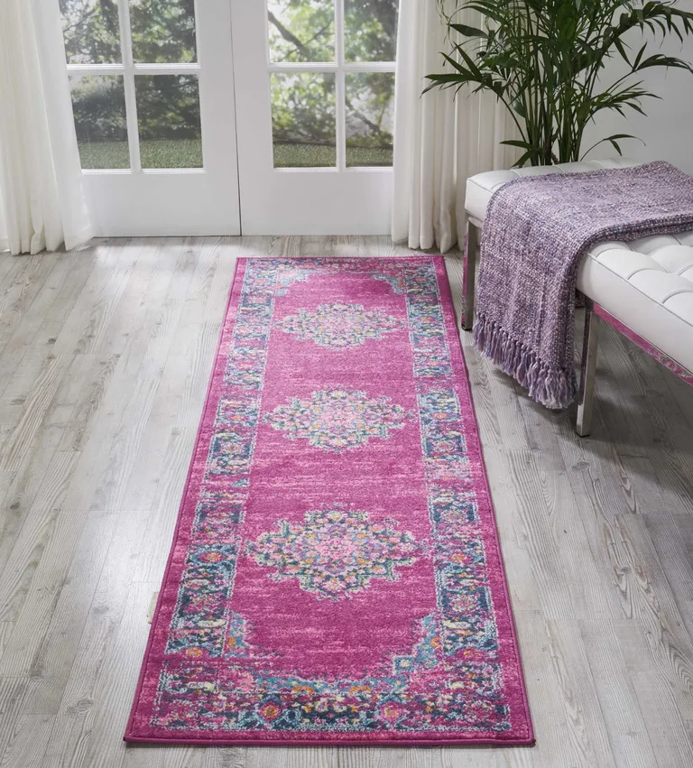 Fuchsia and Blue Distressed Runner Rug Photo 5