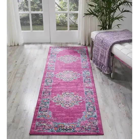 Fuchsia and Blue Distressed Runner Rug Photo 5