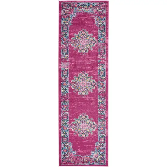 8' Fuchsia And Blue Oriental Distressed Runner Rug Photo 1