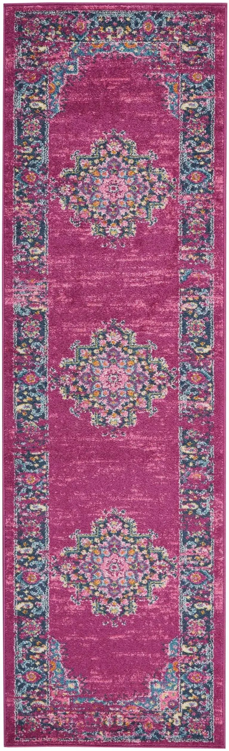 Fuchsia and Blue Distressed Runner Rug Photo 1