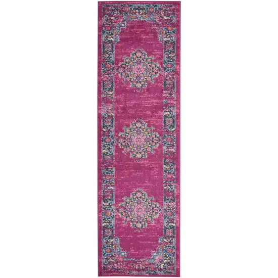 Fuchsia and Blue Distressed Runner Rug Photo 1