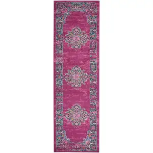 Photo of Fuchsia and Blue Distressed Runner Rug