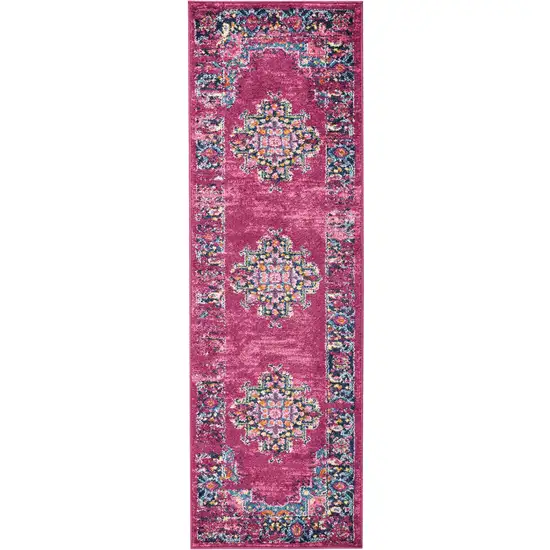 6' Fuchsia And Blue Oriental Distressed Runner Rug Photo 3