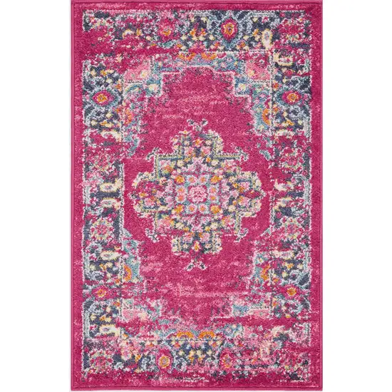 Fuchsia And Blue Oriental Distressed Area Rug Photo 5