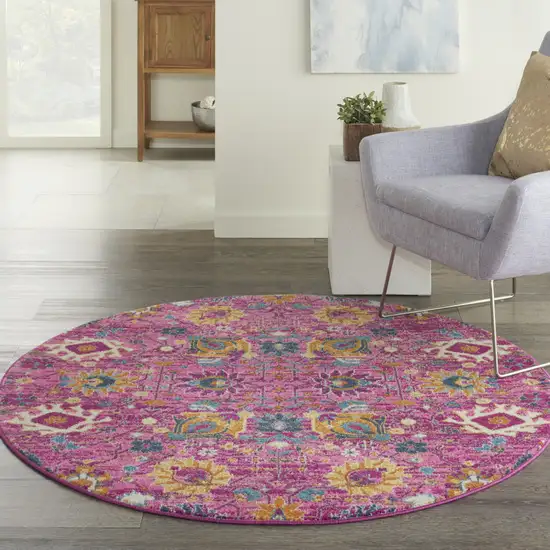 5' Fuchsia And Orange Floral Distressed Round Rug Photo 9