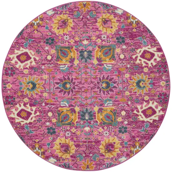 5' Fuchsia And Orange Floral Distressed Round Rug Photo 2