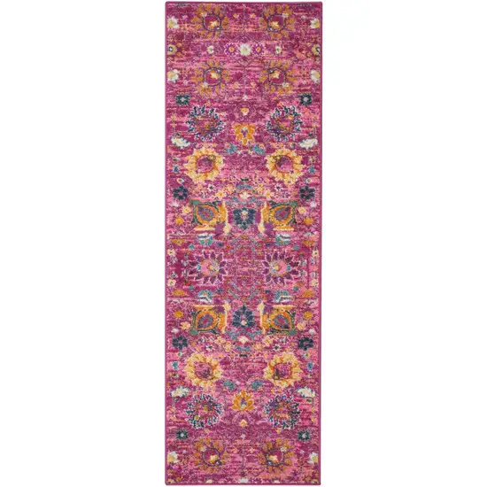 6' Fuchsia Floral Power Loom Runner Rug Photo 7